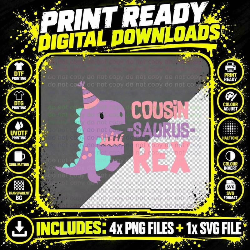 Cousin Dinosaur Family Matching Dino Birthday Girls Png SVG Digital Bundle
