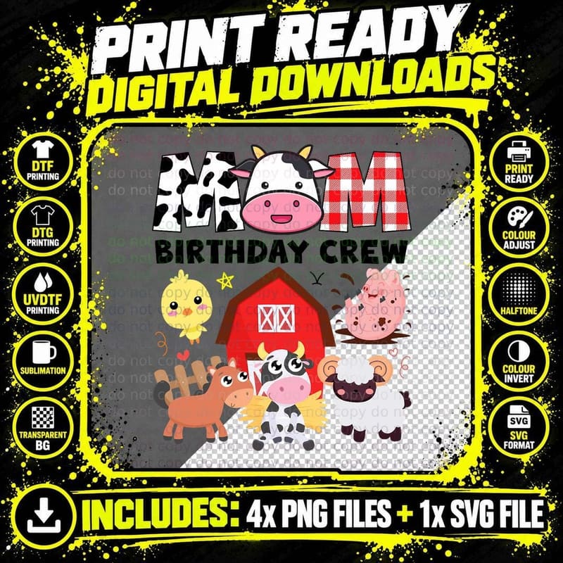 Cow Mom Birthday Crew Farm Theme Animals Kids Birthday Png SVG Digital Bundle