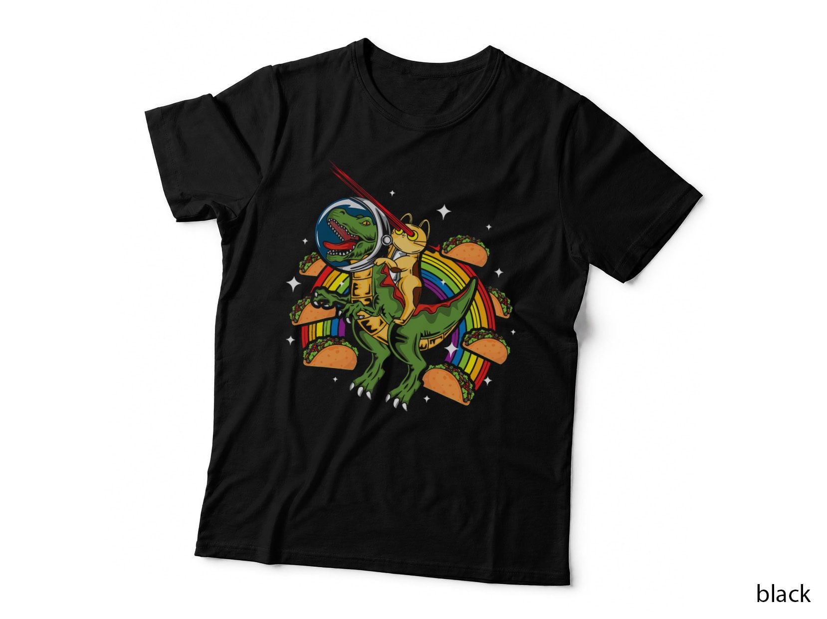 Crazy T-Rex Riding Cat Laser Eye Taco Rainbow Space Dinosaur T-Shirt