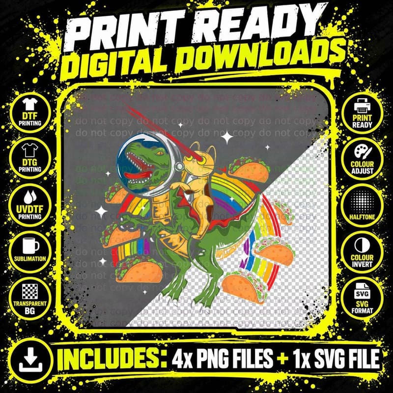 Crazy T-Rex Riding Cat Laser Eye Taco Rainbow Space Png SVG Digital Bundle
