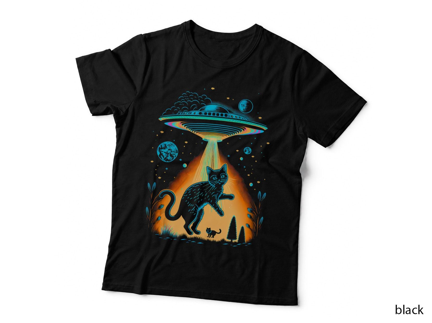 Cute Alien Abduction Funny Cat UFO, Flying Saucer Planets T-Shirt