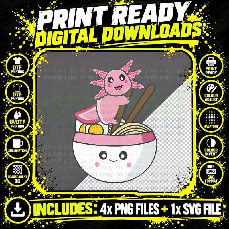Cute Axolotl Eating Ramen Pink, Unisex Png SVG Digital Bundle