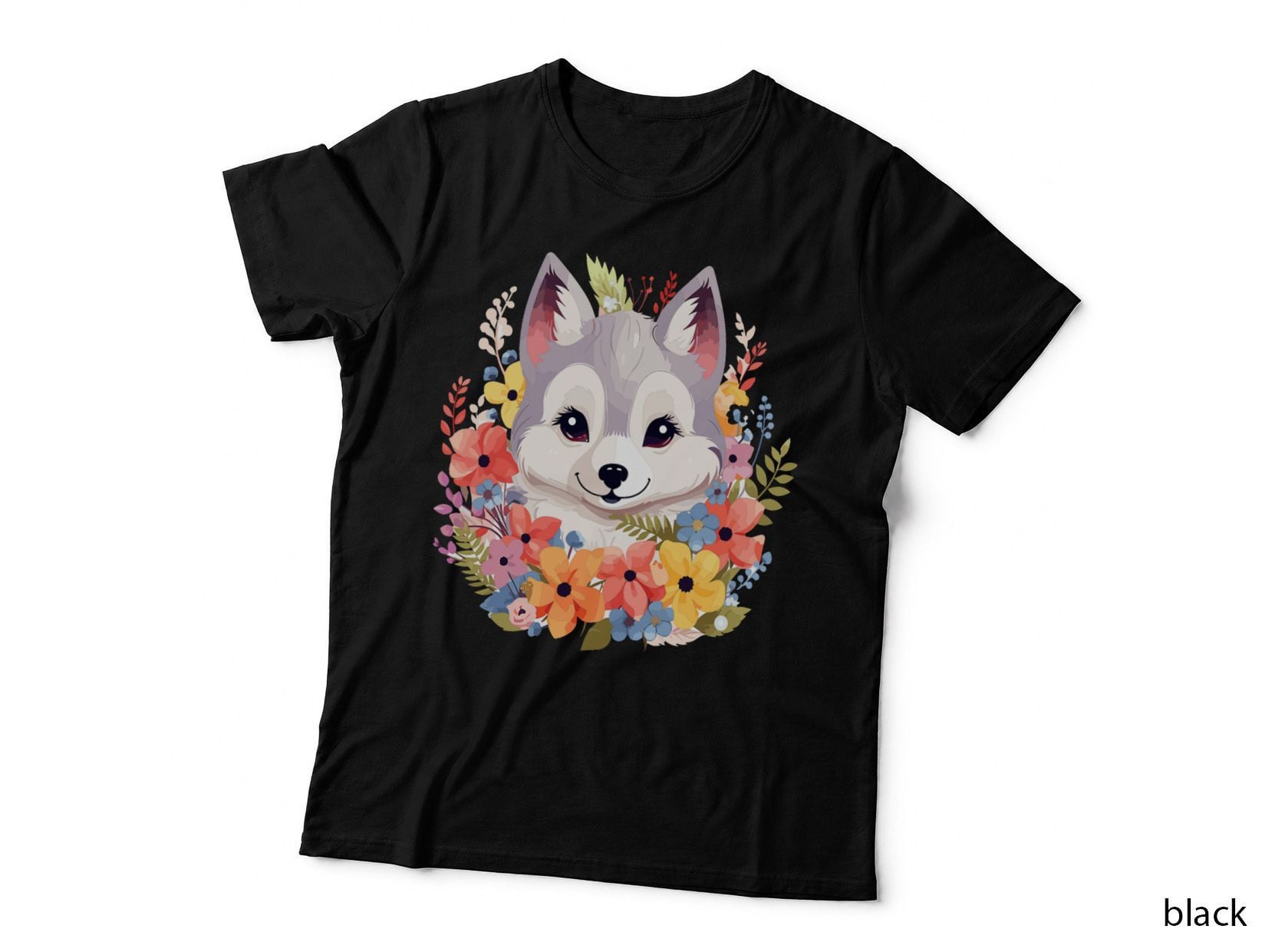 Cute Baby Wolf Animal Wild Fall Flowers in Pastel Colors T-Shirt