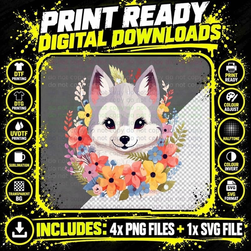 Cute Baby Wolf Animal Wild Fall Flowers in Pastel Colors Png SVG Digital Bundle