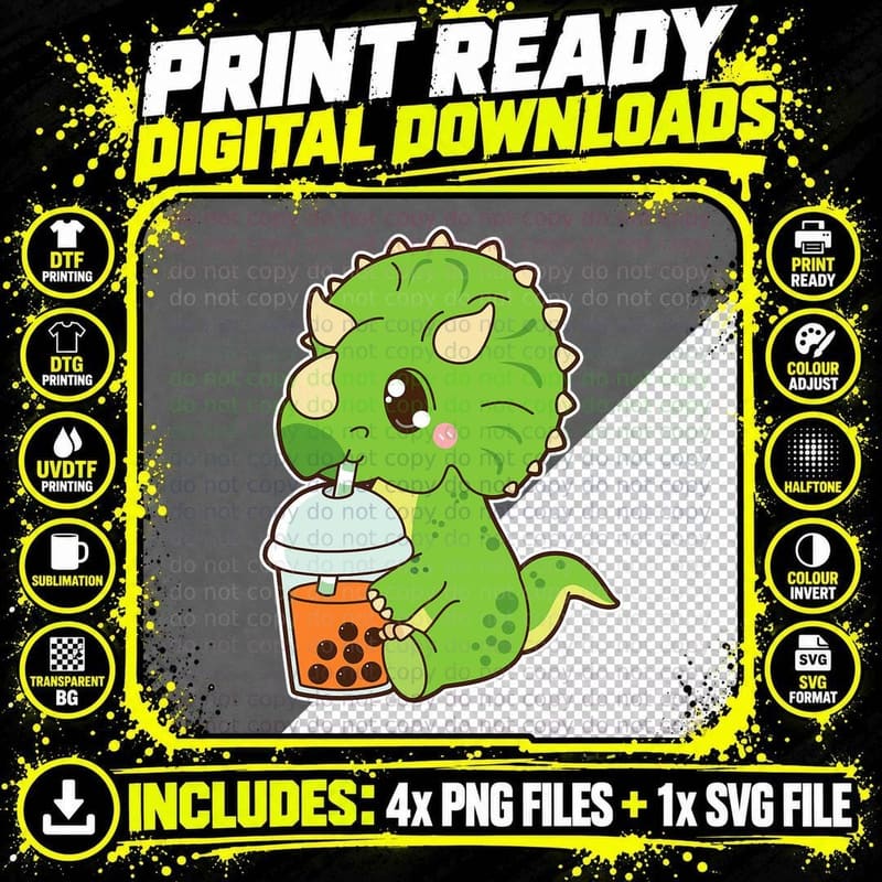 Cute Boba Triceratops Dinosaur Thai Iced Bubble Milk Tea Png SVG Digital Bundle