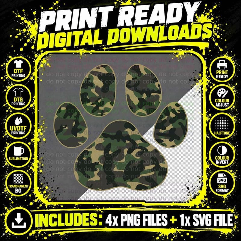 Cute Camo Paw Print Pet Owner Camouflage Paw Print Dog Png SVG Digital Bundle