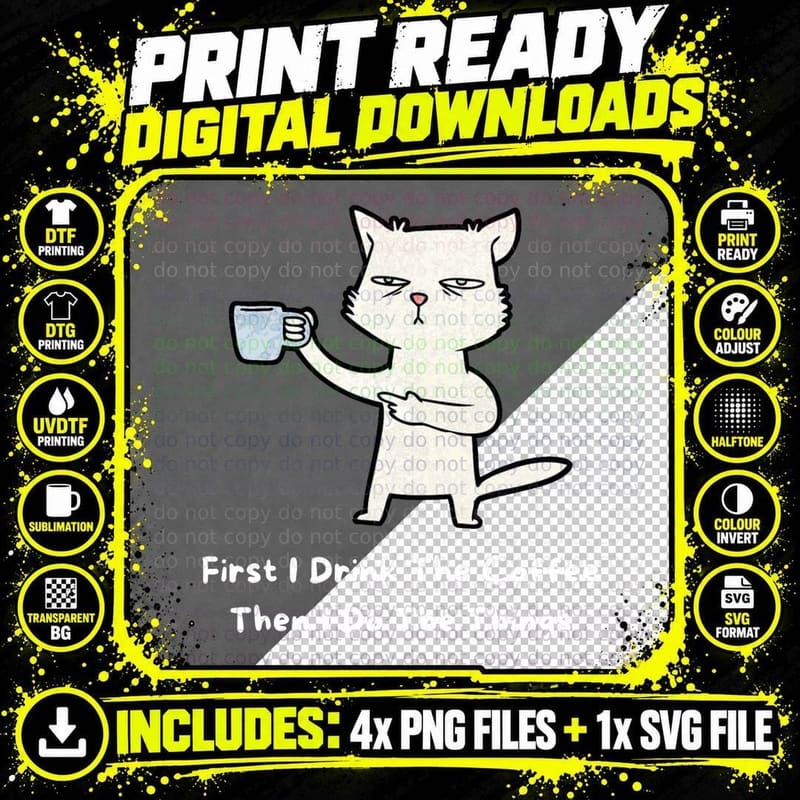 Cute Cat Gift for Kitten Lovers Funny Cat Drink Coffee Png SVG Digital Bundle