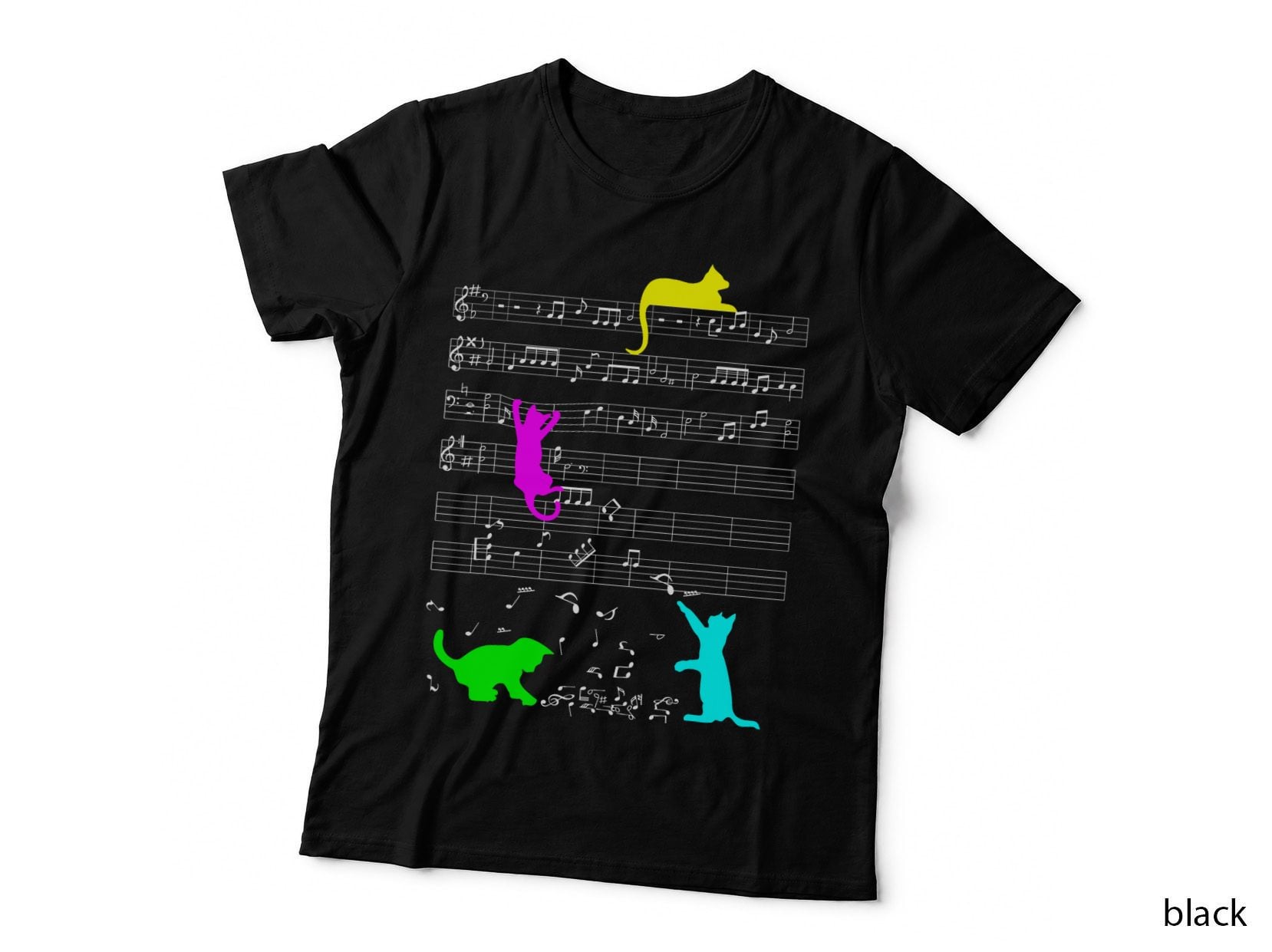Cute Cat Kitty Music Notes Colorful Musician Clef, Musical Theme T-Shirt