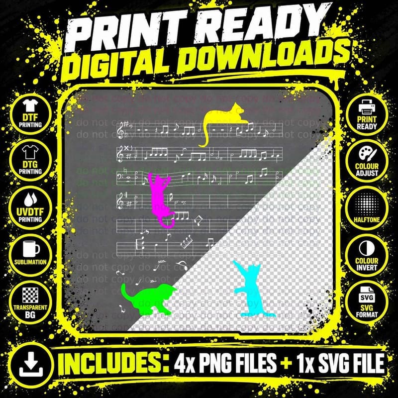 Cute Cat Kitty Music Notes Colorful Musician Clef Png SVG Digital Bundle
