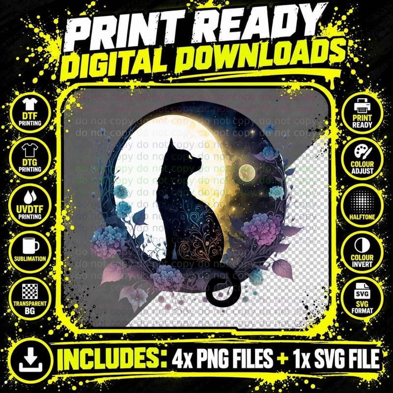 Cute Cat Motif Cat in Moonlight Cat, Night Sky Png SVG Digital Bundle