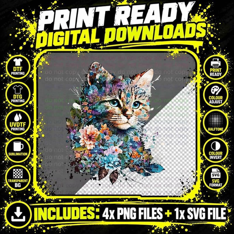 Cute Cat Motif Cat with Flowers Cat, Floral Cat Png SVG Digital Bundle