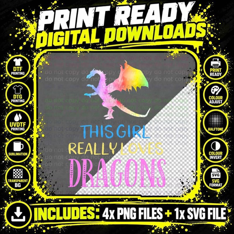 Cute Dragon Gift Girl Loves Dragons Gift Rainbow T-Shirt Png SVG Digital Bundle