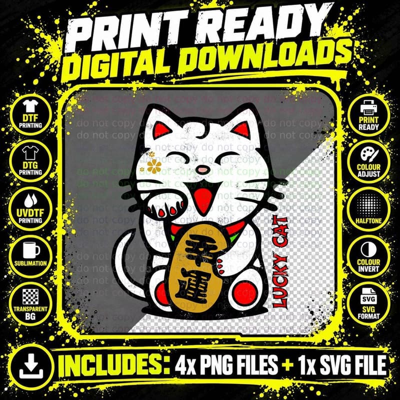 Cute Lucky Cat Maneki-Neko Japanese Good Luck Feng Shui Png SVG Digital Bundle