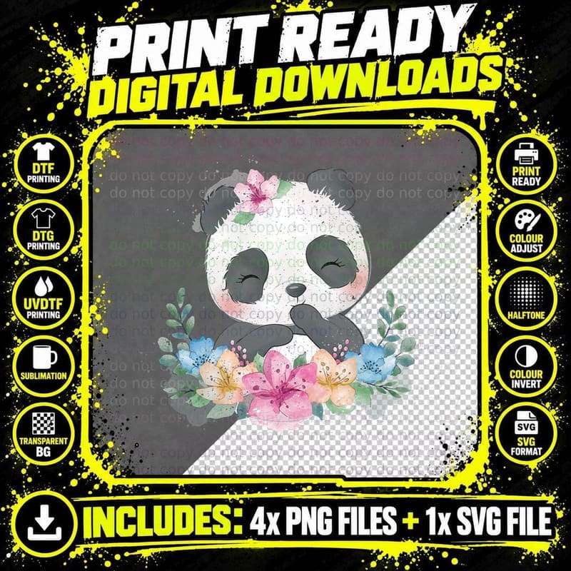 Cute Panda Bear Kids Girls Gift Flower Panda, Toddler Png SVG Digital Bundle