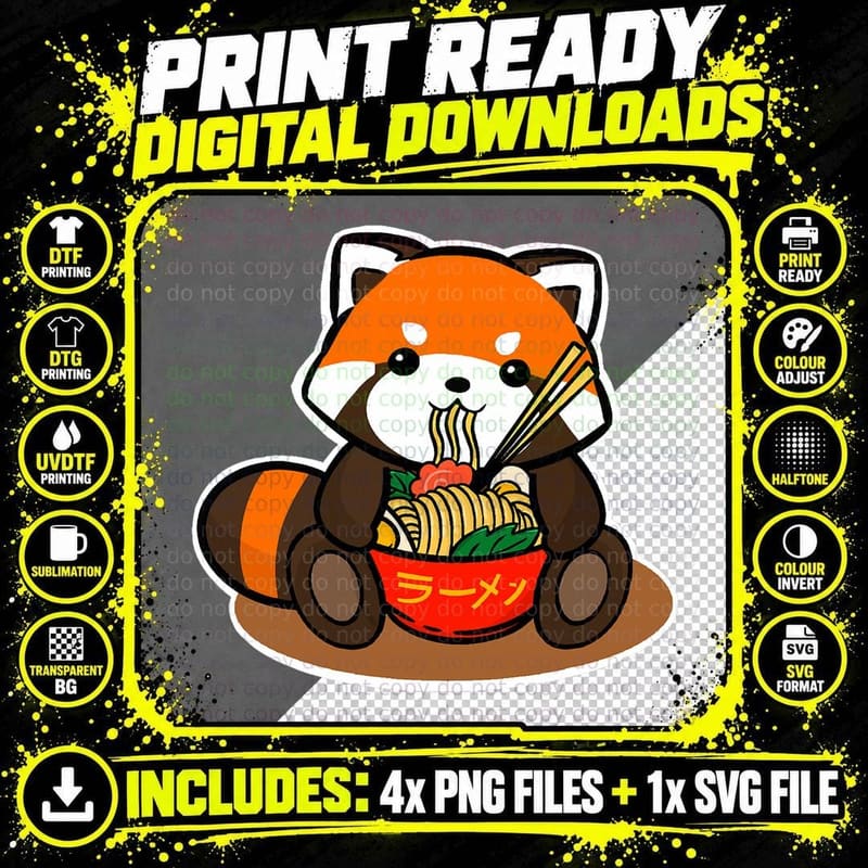 Cute Red Panda Eating Ramen Noodles Illustration Png SVG Digital Bundle