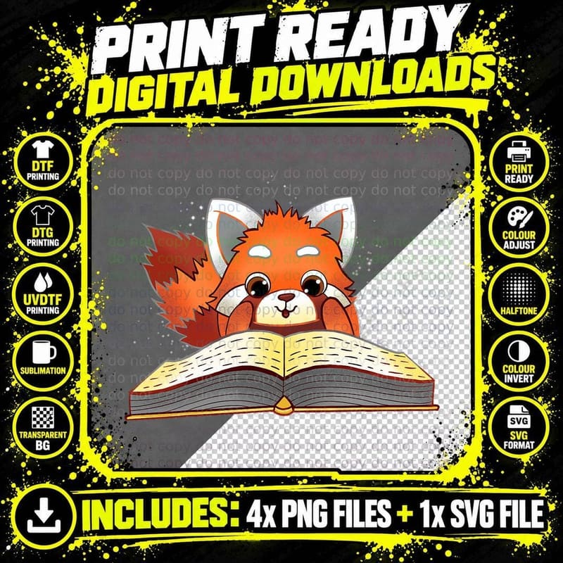 Cute Red Panda Reading a Book Lover Bookworm Love Png SVG Digital Bundle
