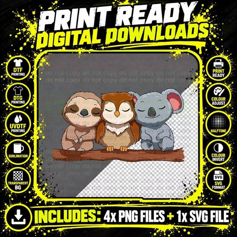 Cute Sloth Owl Koala Sleeping Animal Lover Kids Women Png SVG Digital Bundle