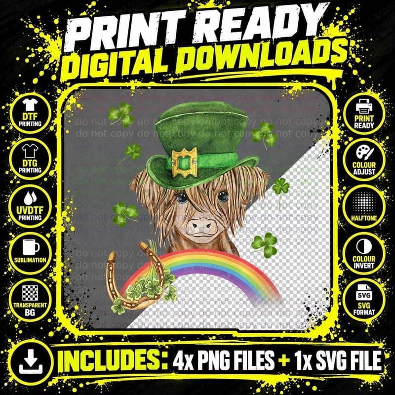Cute St Patricks Day Highland Cow Lucky Leprechaun Png SVG Digital Bundle