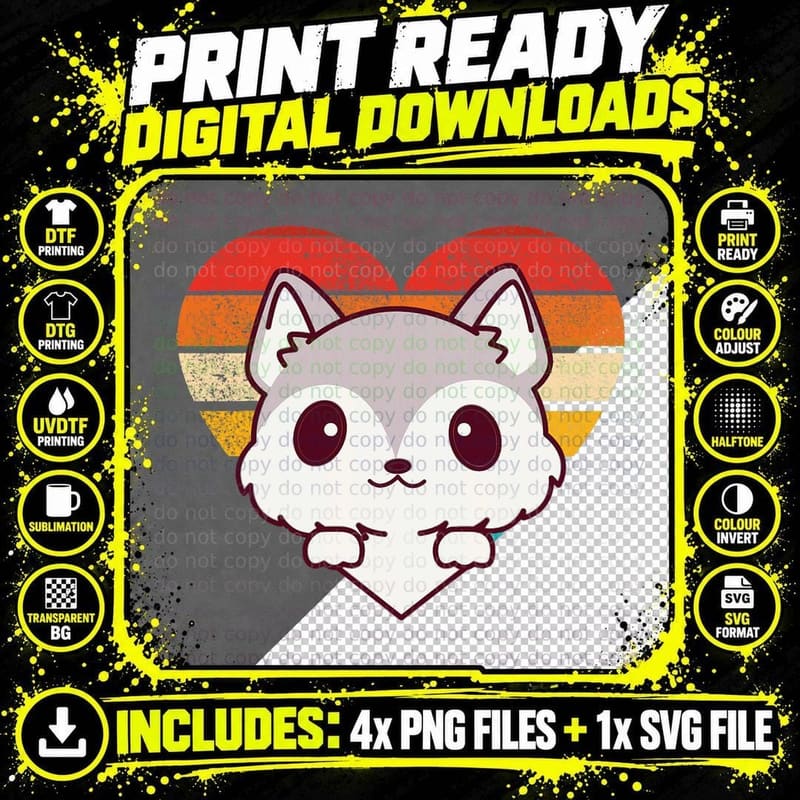 Cute Wolf Design Retro Heart Shape Vintage T-Shirt Png SVG Digital Bundle