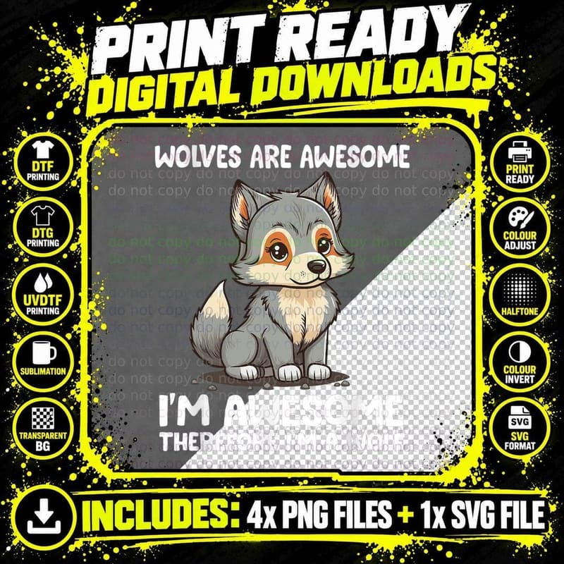 Cute Wolves Are Awesome I'm Awesome Therefore I'm a Wolf Png SVG Digital Bundle