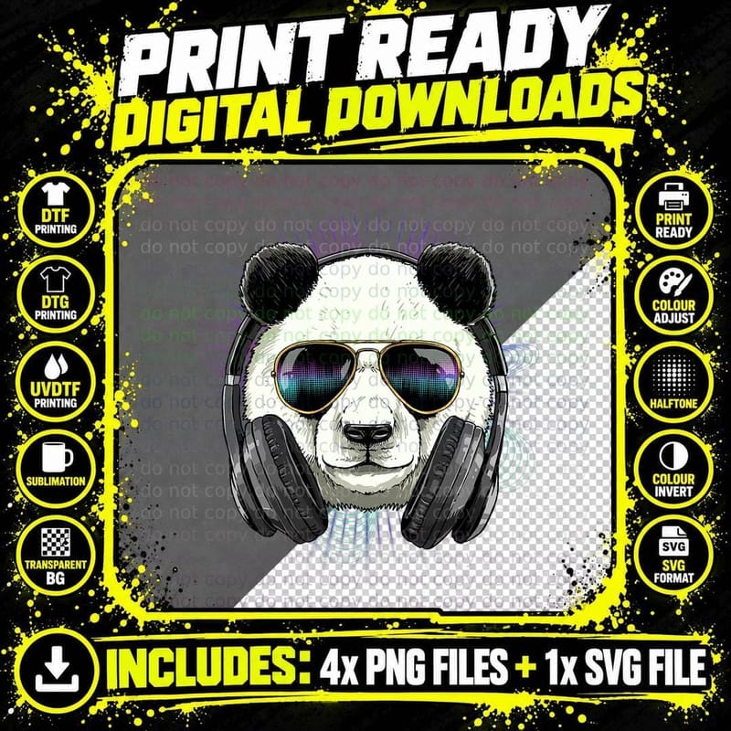 DJ Panda Bear Shirt Party Animal with Headphones Panda Png SVG Digital Bundle