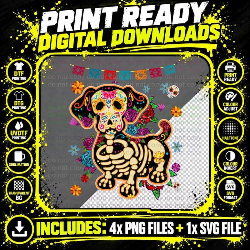 Dachshund Dia De Los Muertos Day of Dead Dog Sugar Skull Png SVG Digital Bundle