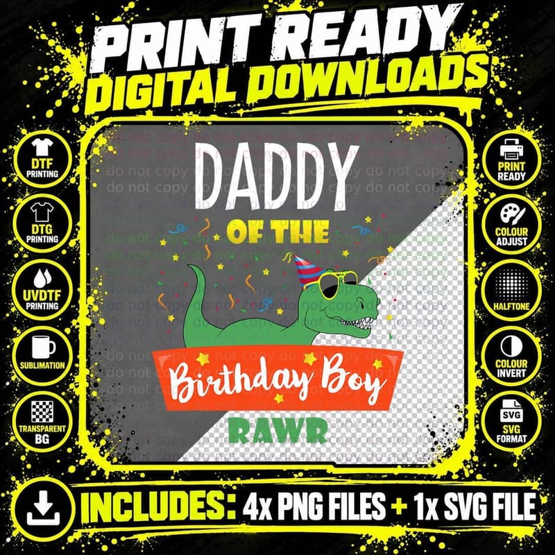 Daddy Dinosaur Funny Cute Birthday Boy Family Matching Png SVG Digital Bundle