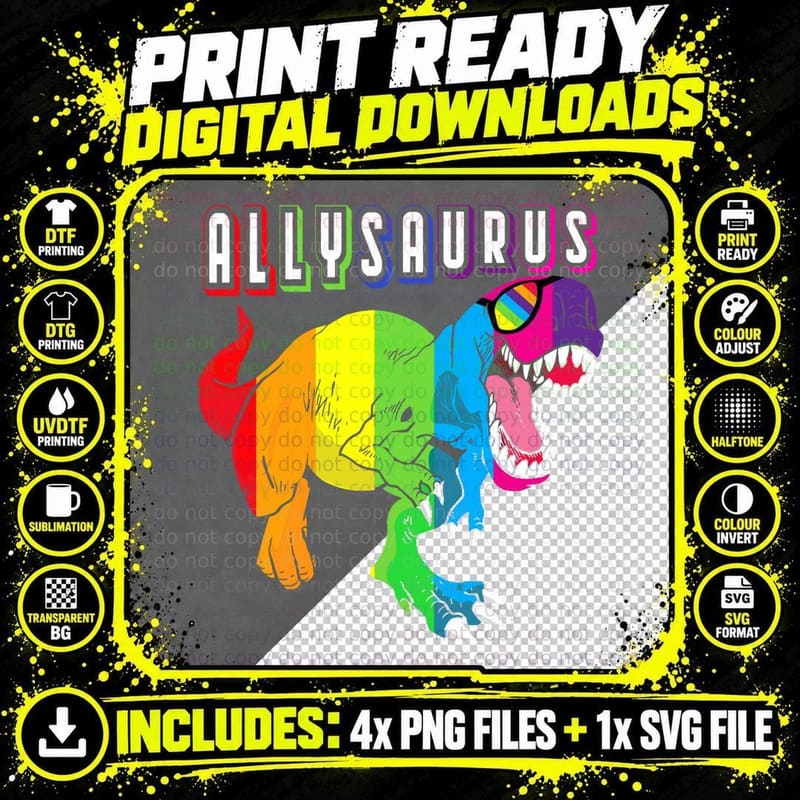 Dinosaur T Rex LGBT Gay Pride Flag Allysaurus Ally Men Png SVG Digital Bundle