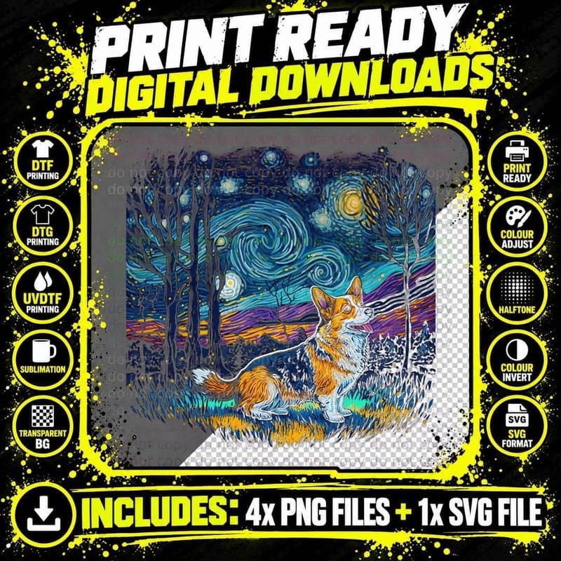 Dog Lovers Starry Night Corgi, Artistic Pet Png SVG Digital Bundle