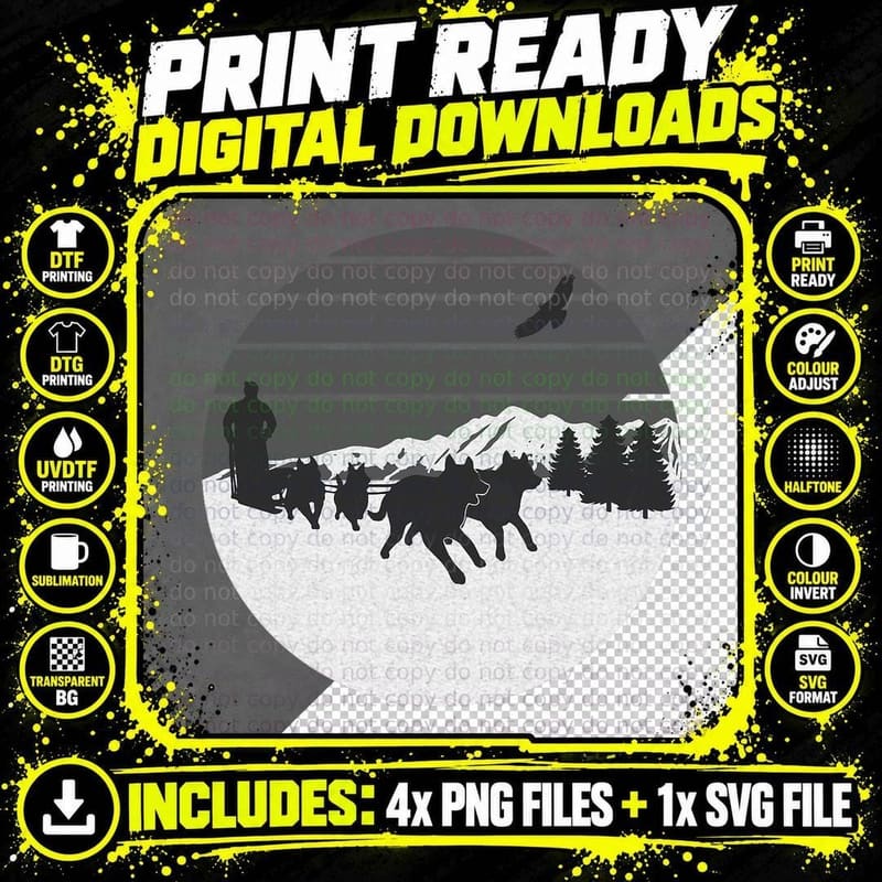 Dog Sledding Huskies Sleigh Winter Sports Mushing Sled Png SVG Digital Bundle