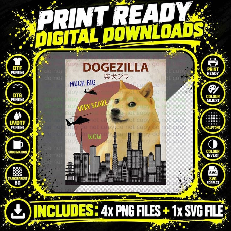 Dogezilla T-Shirt Funny Doge Meme Shiba Inu Dog Png SVG Digital Bundle