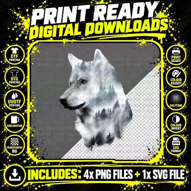 Double Exposure Wolf Wolves Lover Gift Artsy Animal Png SVG Digital Bundle