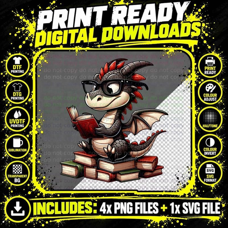 Dragon and Books Nerds Cute Dragon Reading a Book Png SVG Digital Bundle