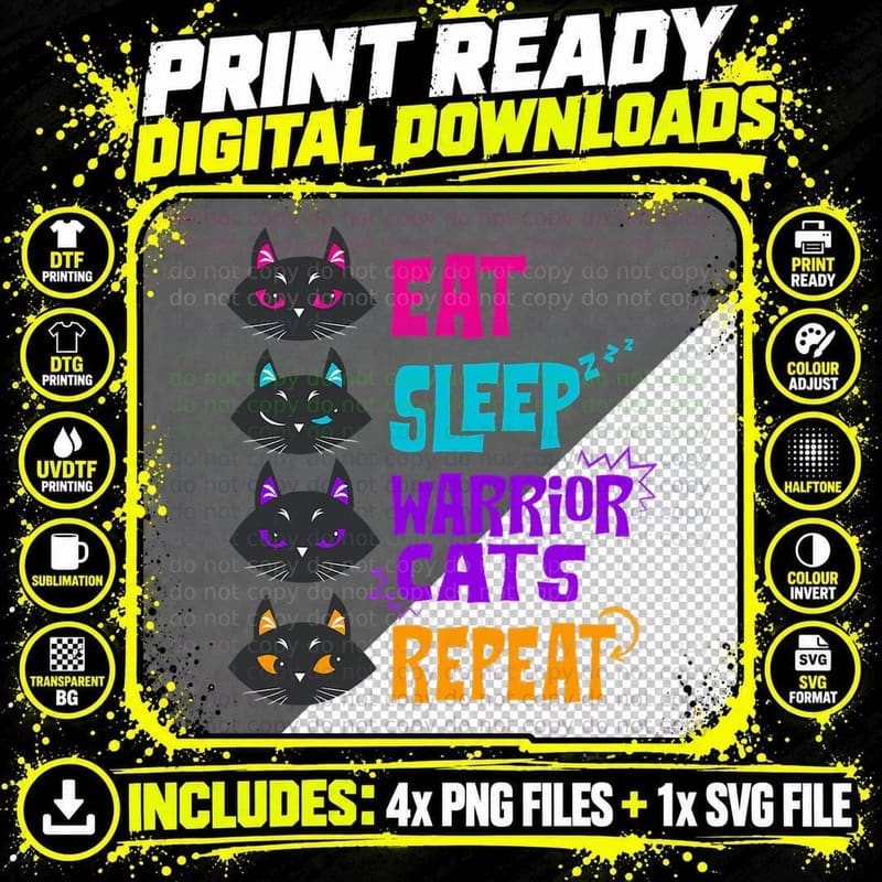 Eat Sleep Cat, Warrior Repeat Cat Warrior Love Cats Png SVG Digital Bundle