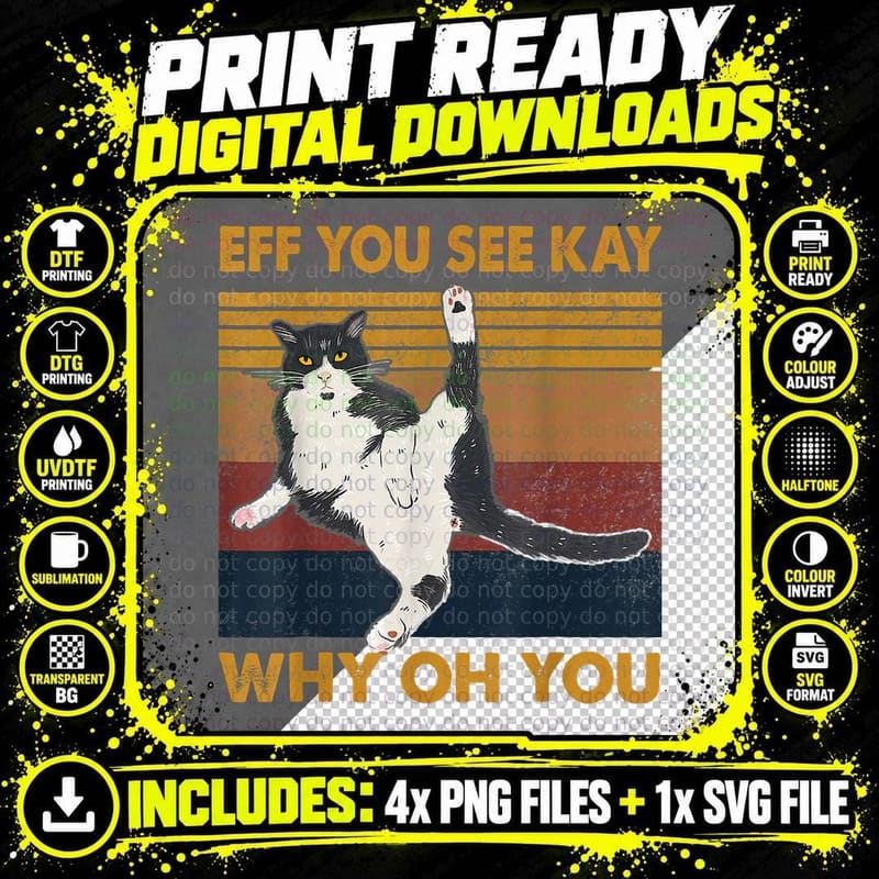 Eff You See Kay Why Oh You Cat Yoga Retro Vintage Png SVG Digital Bundle