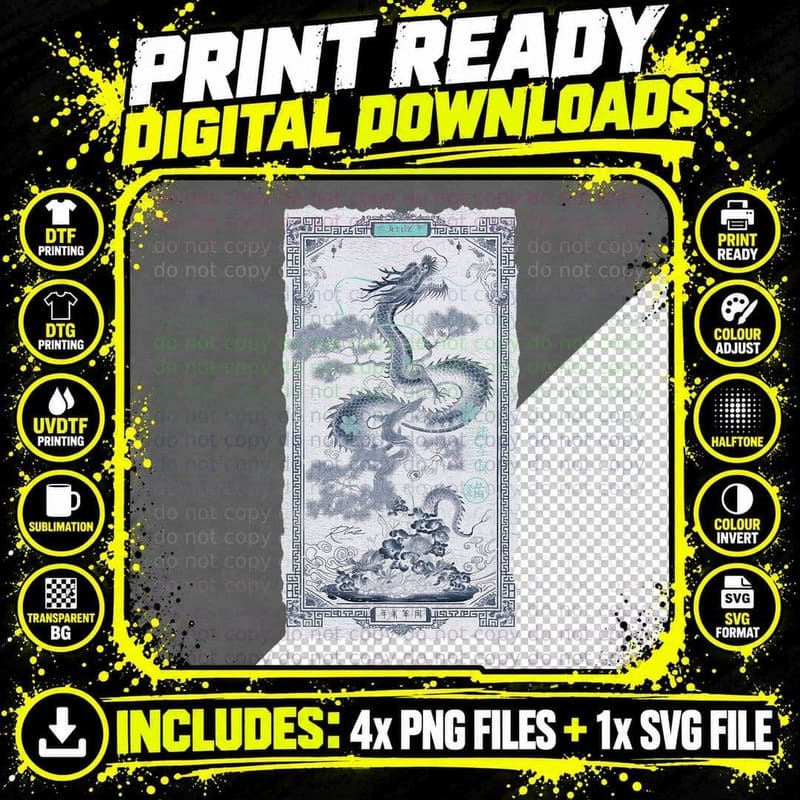 Elegant Ying and Yang Chinese Bonsai Dragon Png SVG Digital Bundle