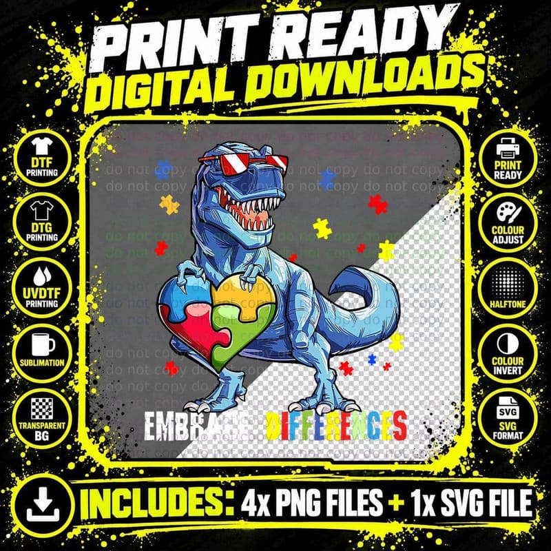 Embrace Differences ASD Spectrum Dinosaur Autism Png SVG Digital Bundle