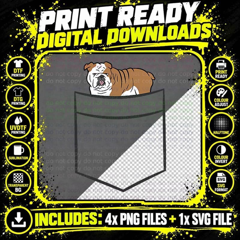 English Bulldog Dog in Pocket Funny English Bulldog Png SVG Digital Bundle
