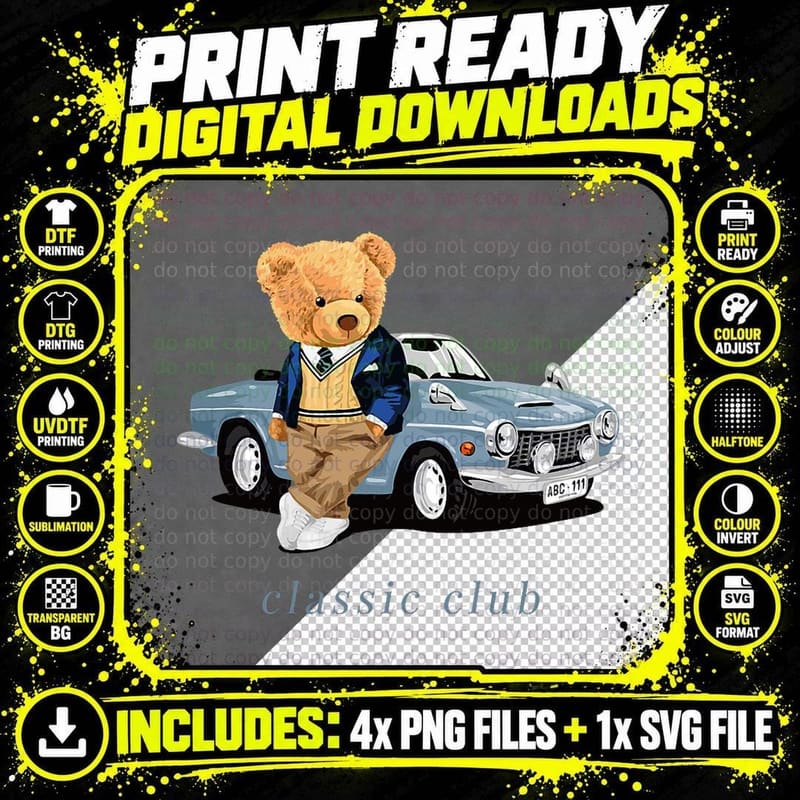 Enjoy Cool Teddy Bear with Classic Car Graphic Designs Png SVG Digital Bundle