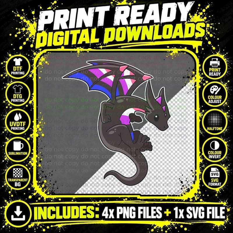 Epic Dragon with Genderfluid Pride Flag Colors Png SVG Digital Bundle