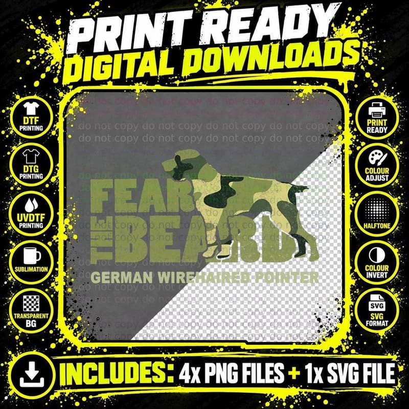 Fear the Beard - Camo German Wirehaired Pointer Hunting Png SVG Digital Bundle