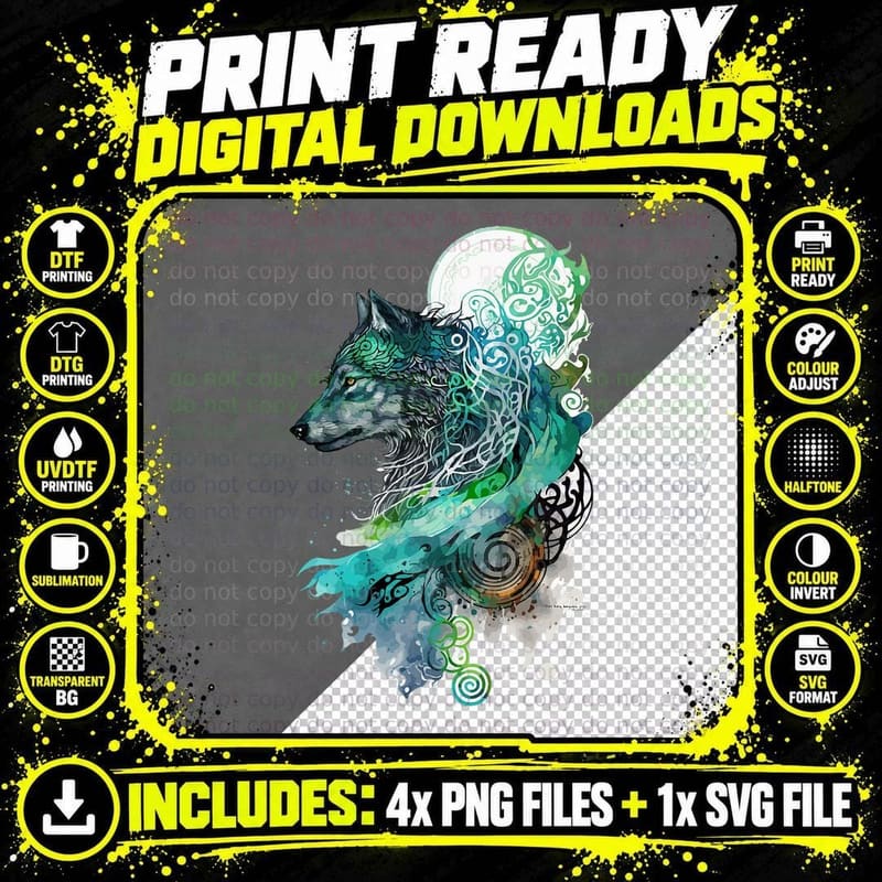 Fenrir Wolf Watercolor Viking Nordic Celtic Mythology Png SVG Digital Bundle