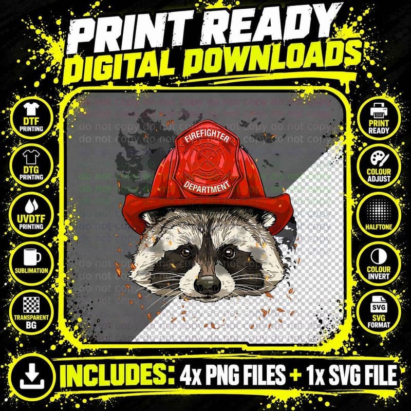 Firefighter Raccoon Fire Department Fireman Trash Panda Png SVG Digital Bundle