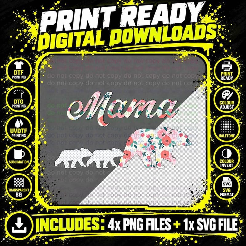 Floral Mama Bear, Mom of 2 Shirt, Mama Bear and 2 Cubs Png SVG Digital Bundle
