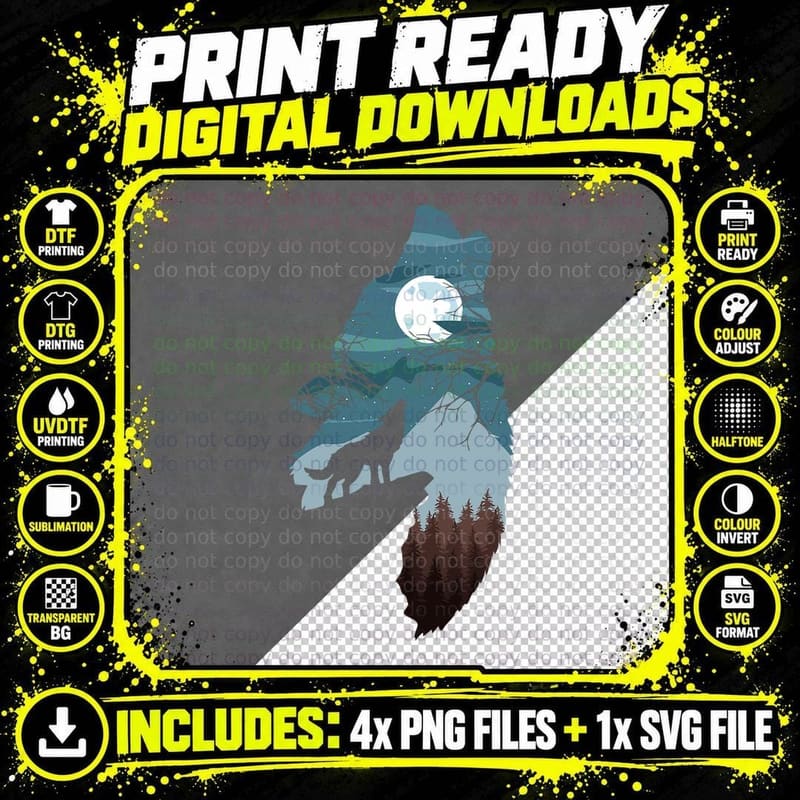 Forest with Full-Moon and Cliff of Silhouette Howling Png SVG Digital Bundle