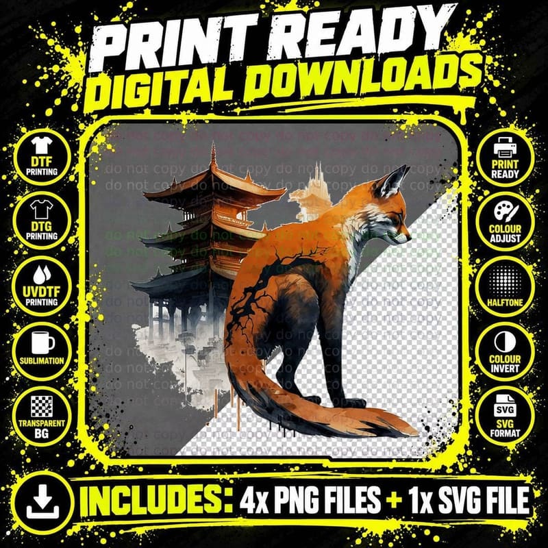 Fox Chinese Architecture Art Animal Fox, Traditional Png SVG Digital Bundle