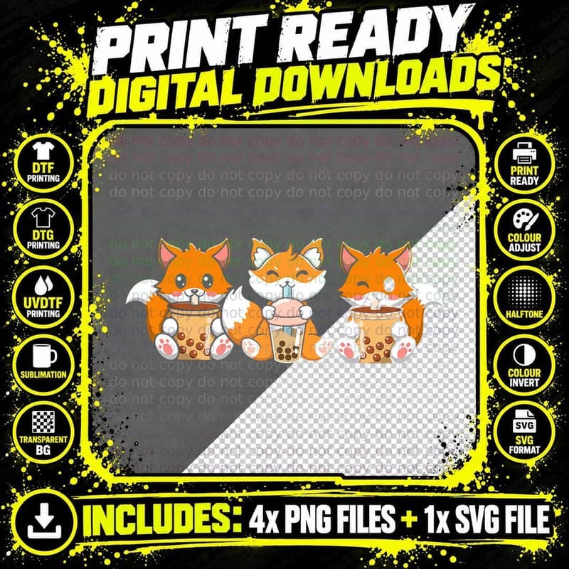 Fox Threesome Japanese Cute Animal Bubble Gum Tea Trend Png SVG Digital Bundle