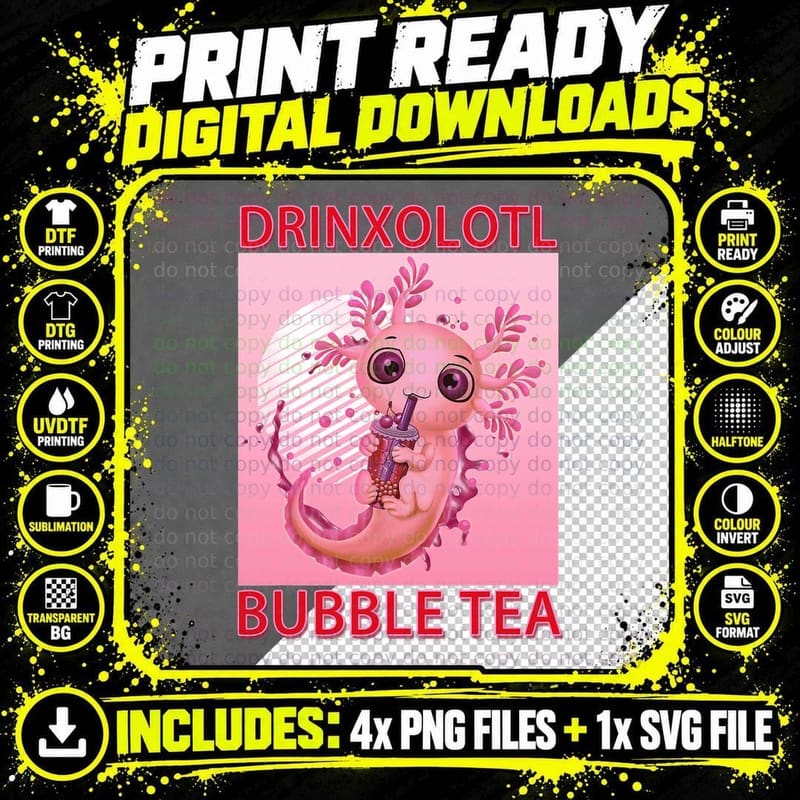 Funny Aesthetic Axolotl Pink Pet Drinxolotl Bubble Tea Png SVG Digital Bundle