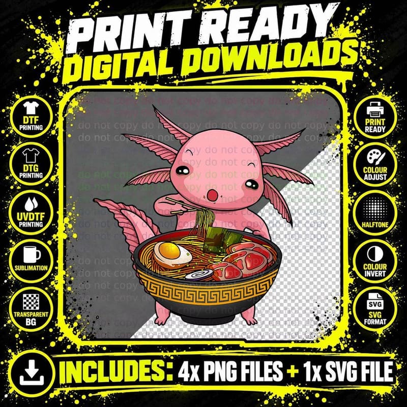 Funny Axolotl Ramen Noodle Japanese Art for Kids Men Png SVG Digital Bundle