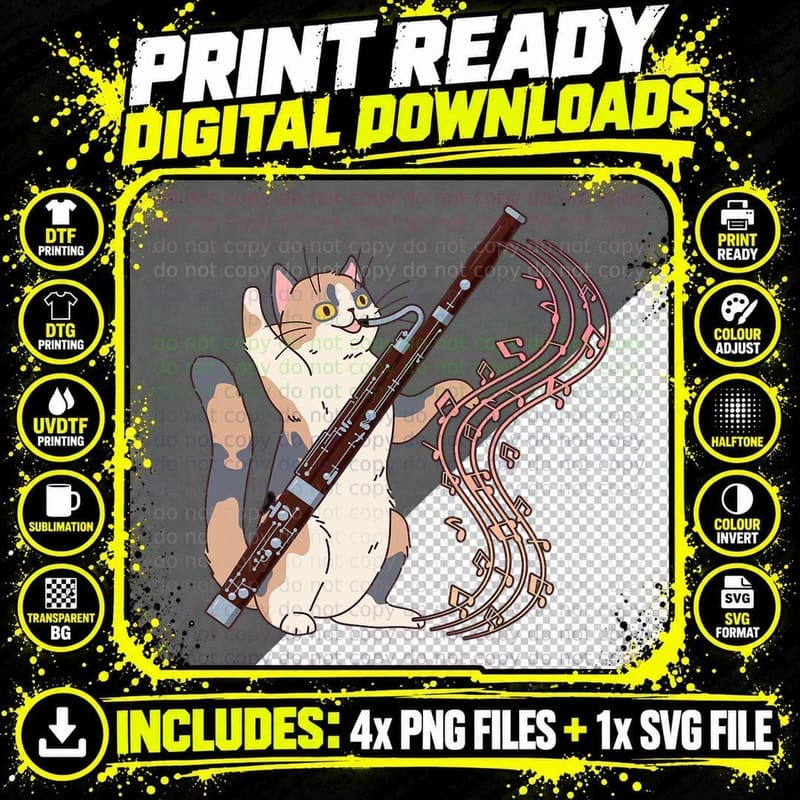 Funny Bassoonist Music Orchestra Cat Playing Bassoon Png SVG Digital Bundle